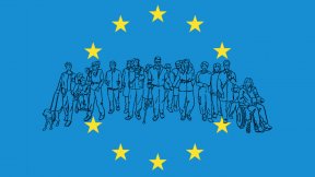 Disegno di un gruppo di persone con disabilità su sfondo blu con le stelle dell'Unione Europea intorno