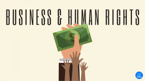A group of hands in the air, one of those is holding a bill. In the background there is the writing "Business and Human rights".