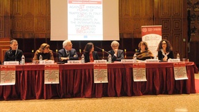 Central table with the speakers, Claudio Donadel, Paola Degani, Marco Mascia, Alessandra Brunetti