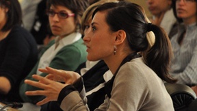 Profile of a student while speaking in a meeting at Wilson Palace, Geneva, Switzerland.