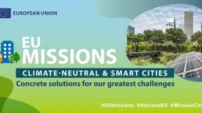 Poster della EU Mission Cities in colori azzurro e verde