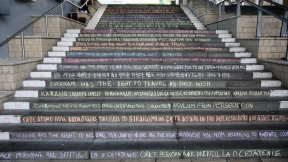 Articoli della Dichiarazione Universale dei diritti umani scritti sui gradini del Colchester Campus
