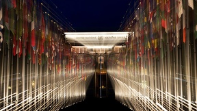 Veduta notturna delle 193 bandiere degli stati membri delle Nazioni Unite a Palais des Nations, Ginevra.