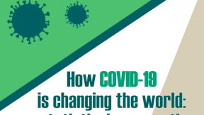 Scritta in inglese "Come il COVID-19 sta cambiando il mondo: una prospettiva statistica" in azzurro e verde con illustrazione rappresentante le particelle di un virus