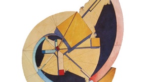 half-circular abstract drawing colored in yellow, blue and red