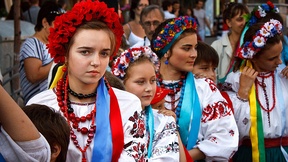 Ukrainian children wearing national costumes at the Independence Day celebration, 2011