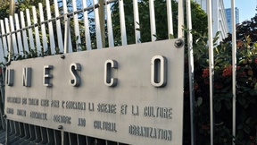 UNESCO logo at the entrance of the headquarters in Paris