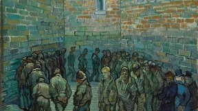 Il dipinto raffigura un gruppo di prigionieri che camminano in cerchio intorno a un claustrofobico cortile della prigione, circondato da muri di mattoni con alcune piccole finestre ad arco in alto.