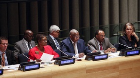 10 December 2014 - From left: Valerie Amos, Under-Secretary-General for Humanitarian Affairs and Emergency Relief Coordinator, President Kutesa, Ivan Šimonović, UN Assistant Secretary-General for Human Rights, Tegegnework Gettu, Under-Secretary-General of DGACM and Mireille Fanon Mendes France, Chairperson, Working Group of Experts on People of African Descent.