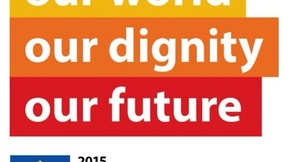Sfondo bianco, scritta in inglese "Our world, our dignity, our future" su tre righe con sfondo arancio, giallo e rosso.
In basso logo Unione Europea e scritta in inglese  "2015 anno europeo per lo sviluppo". 
