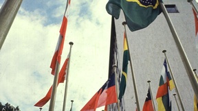 Photo displaying the flags of some member states standing tall in front of the facade of UNESCO Headquarters.