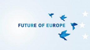 European Commission - Future of Europe homepage banner; a semi circle of blue origami birds and stars around the words "Future in Europe"