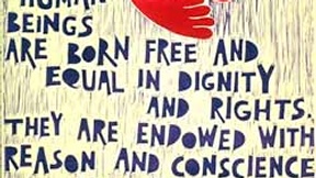 Poster con disegno e testo dell'art. 1 della Dichiarazione universale dei diritti umani.