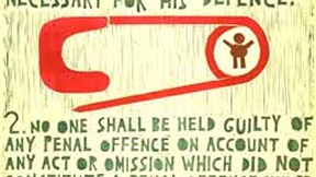 Poster con disegno e testo dell'art. 11 della Dichiarazione universale dei diritti umani.