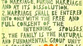 Poster con disegno e testo dell'art. 16 della Dichiarazione universale dei diritti umani.
