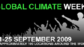 Logo ufficiale della campagna sul cambiamento climatico 2009; raffigura delle persone con le braccia alzate, con la scritta verde "Global Climate Week".