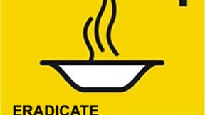 Logo del primo degli Obiettivi ONU di Sviluppo del Millennio, Sradicare la povertà estrema e la fame; raffigura un piatto fumante su sfondo giallo.