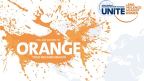 Sfondo bianco con schizzi di colore arancione e al centro scritto in inglese "Sei invitato a rendere arancione il tuo vicinato", in alto a destra logo della Campagna.