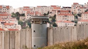 Il Muro di Separazione nei Territori Palestinesi Occupati e dietro di esso un insediamento israeliano