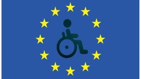 Logo del Consorzio Parsifal. Rappresentazione di una persona in sedia a rotelle posta al centro della bandiera dell'Unione Europea