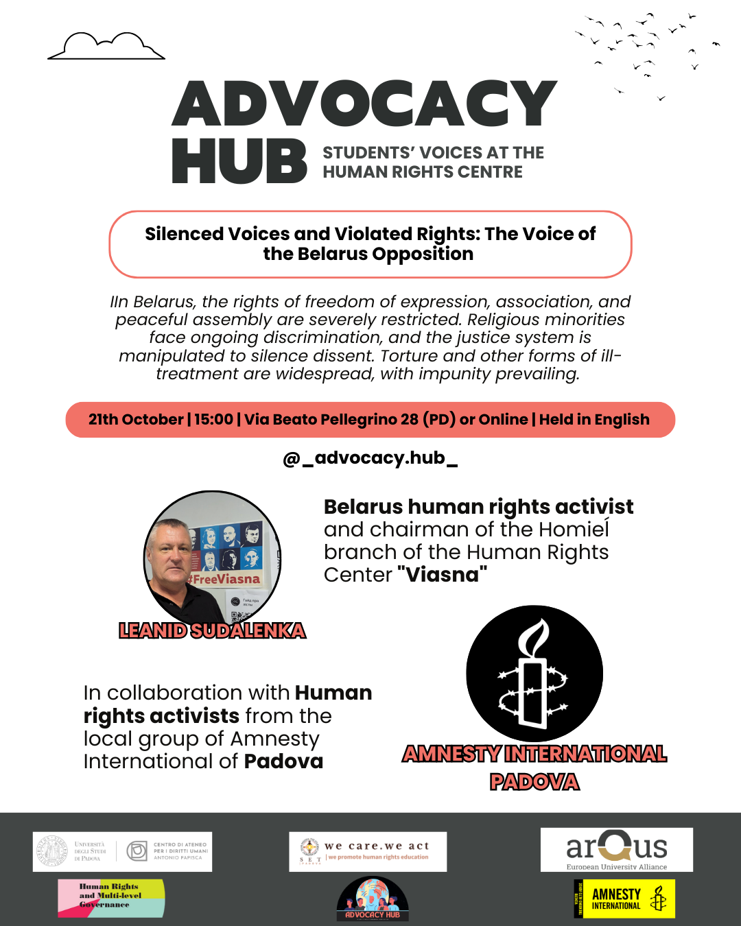 Locandina Advocacy Hub Silenced Voices and Violated Rights: The Voice of the Belarus Opposition, October 21th, 2024