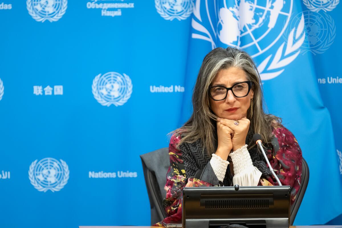 Francesca Albanese, Special Rapporteur on the situation of human rights in the Palestinian Territory occupied since 1967, briefs reporters at UN Headquarters.