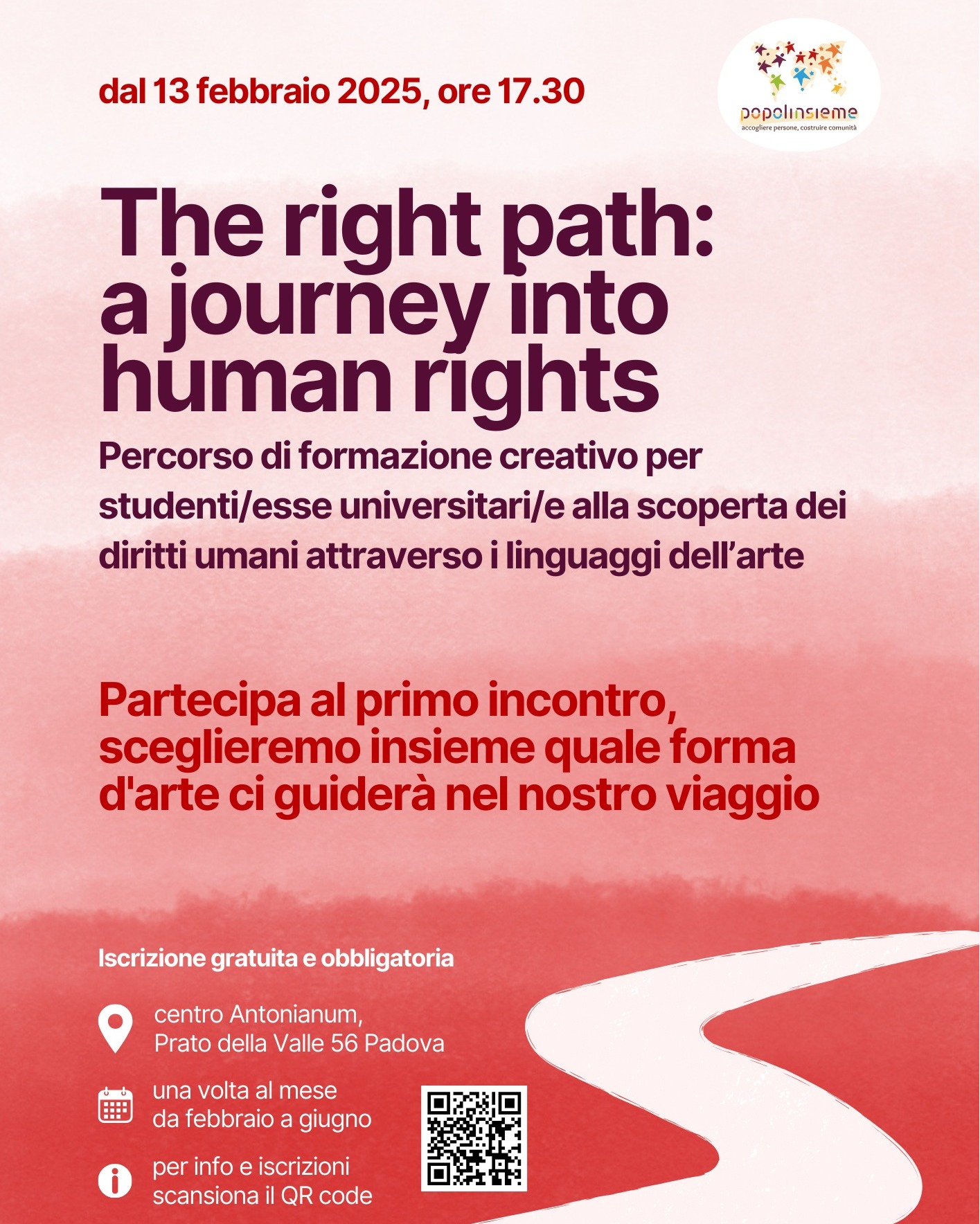 Poster of the educational course "The right path: a journey into human rights" organised by Popoli Insieme Association (2025)