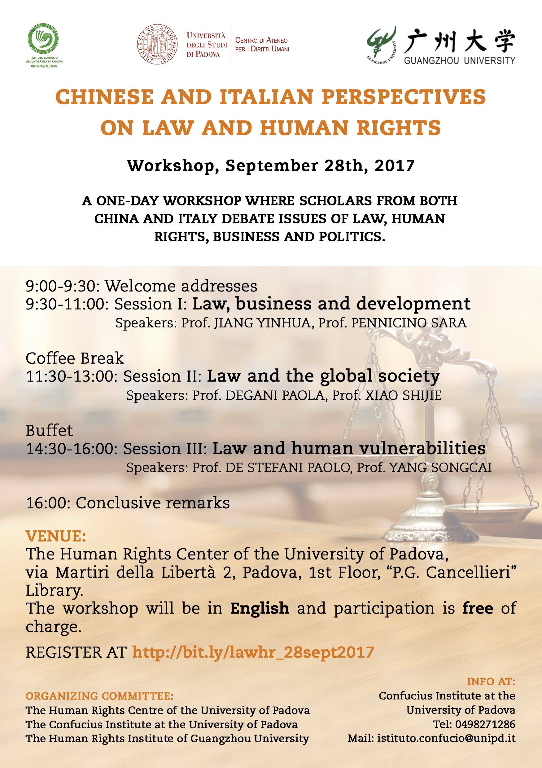 Workshop "Chinese and Italian Perspectives on Law and Human Rights", September 28th, 2017, Human Rights Centre, University of Padova