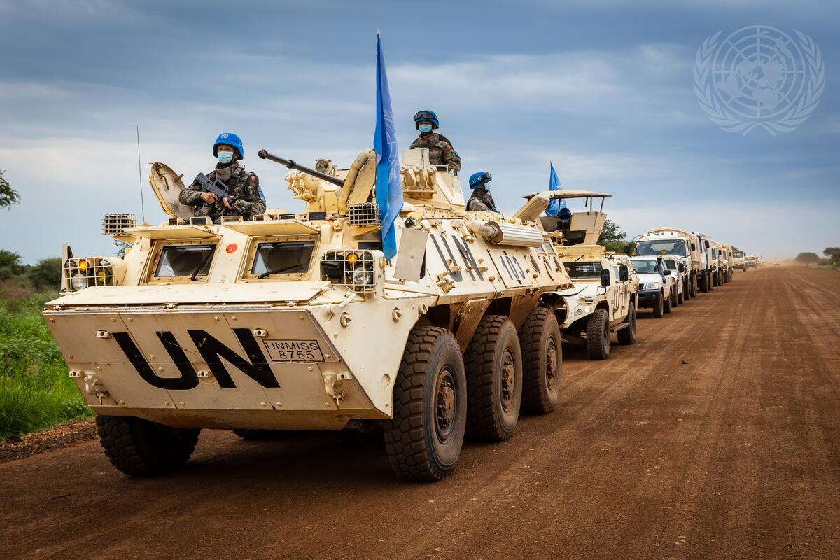Peacekeepers serving with the United Nations Mission in South Sudan (UNMISS) patrol the village of Terekeka.
