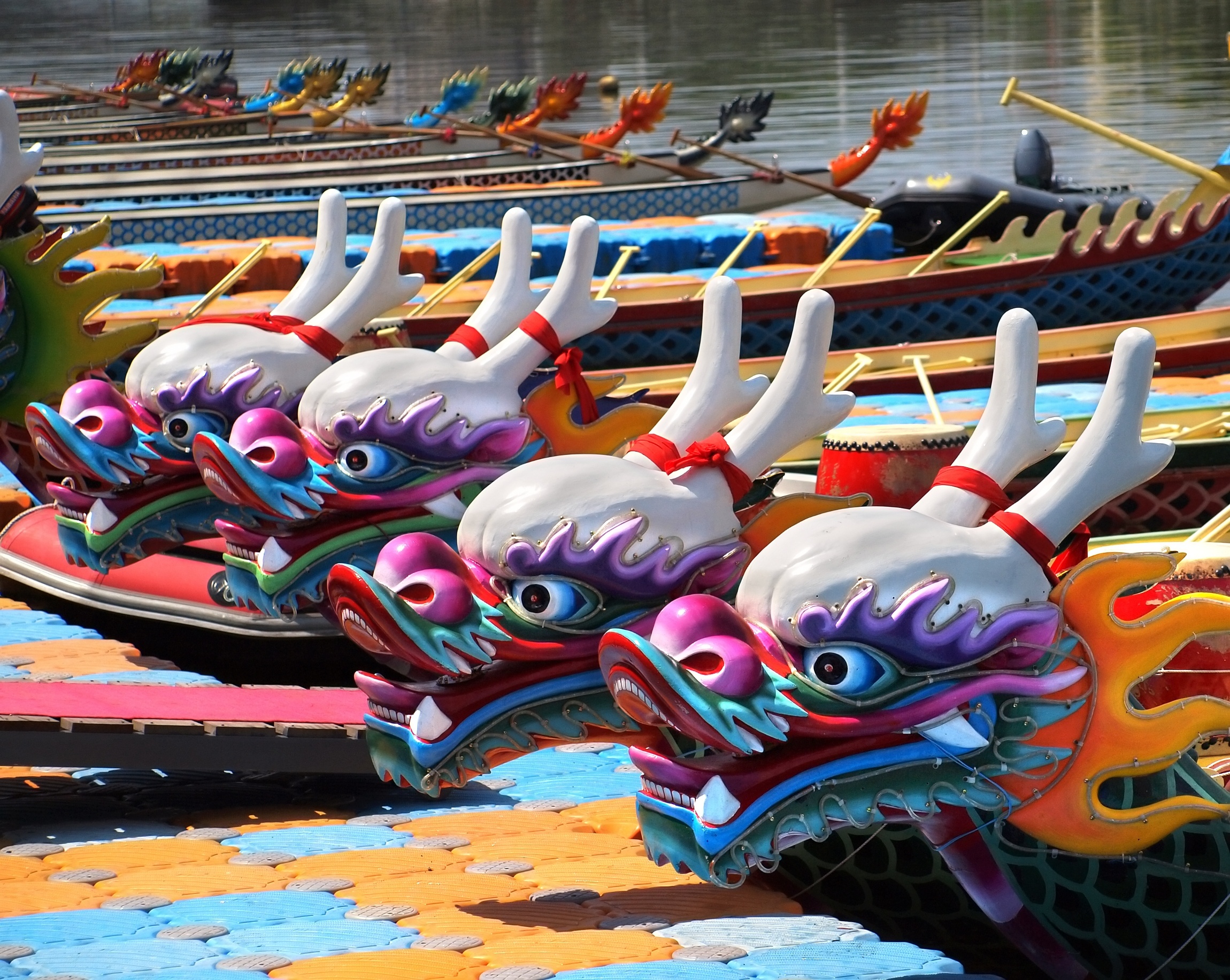 Decorated dragon boats are anchored on the Love River in Kaohsiung