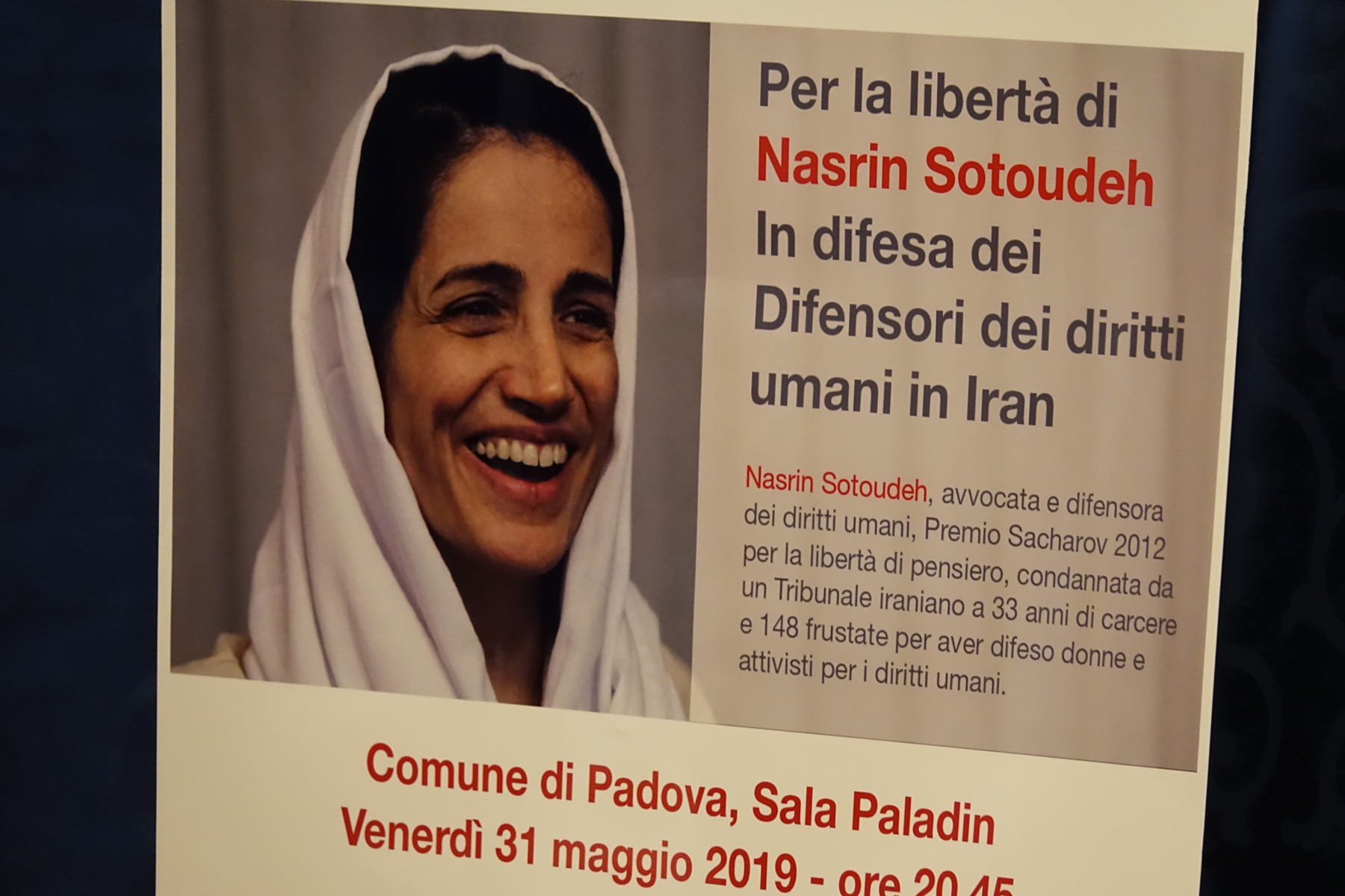 Per la libertà di Nasrin Sotoudeh. In difesa dei Difensori dei diritti umani in Iran, Padova, 31 maggio 2019