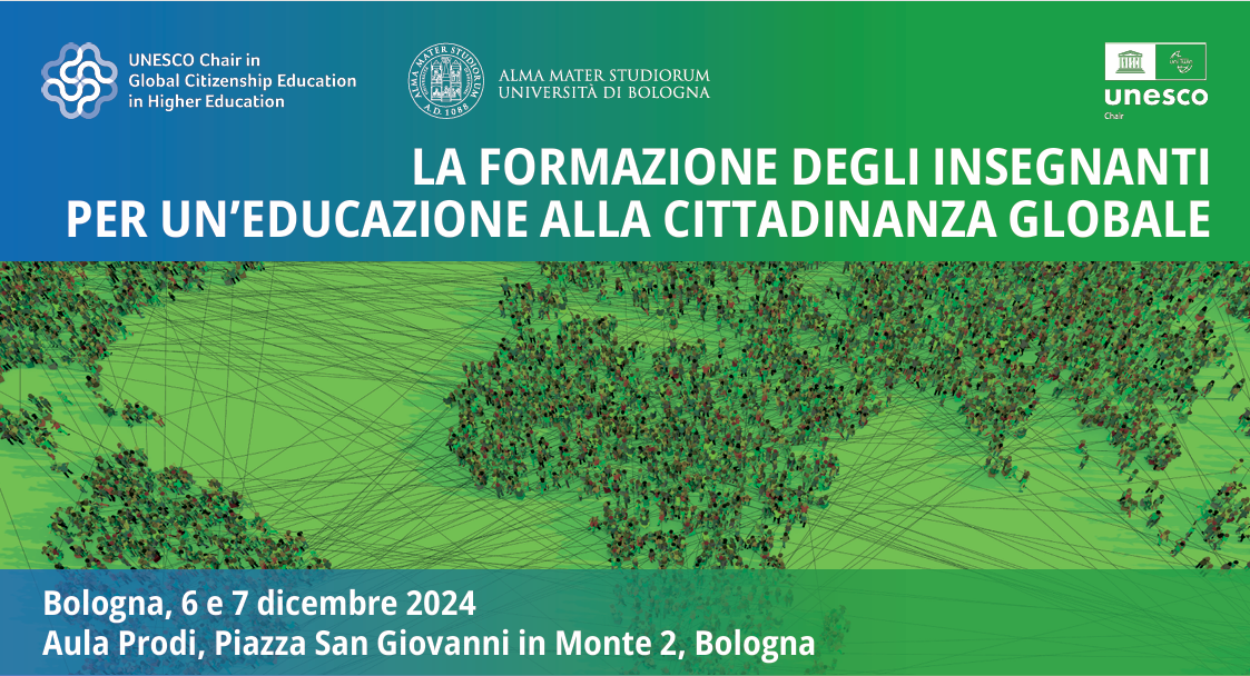 Immagine della locandina del convegno, loghi dell'UNESCO Chair in Global Citizenship Education in Higher Education e UNIBO in alto seguito da titolo del convegno in maiuscolo, data e luogo in basso a destra.