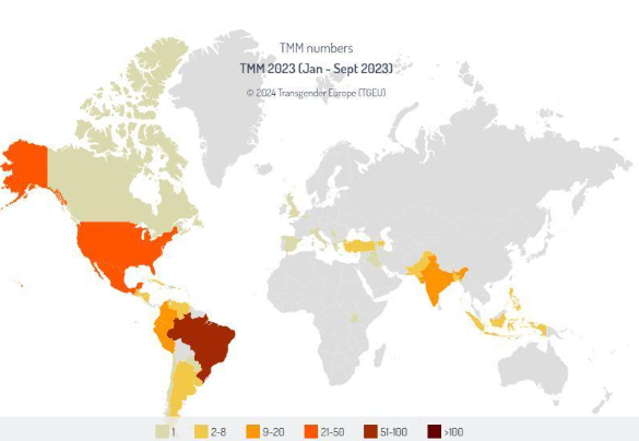 Mappa del numero di omicidi di persone trans e di genere non conforme nel mondo, da gennaio a settembre 2023