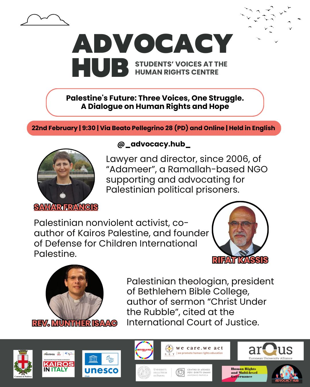 Palestine's Future: three voices, one struggle. A dialogue on Human Rights and Hope, 22 febbraio 2025, depliant