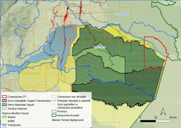 La Riserva della Biosfera e la zona Intangibile Tagaeri-Taromenane, la “gabbia petrolifera” nella quale sono costretti i popoli non contattati. ©Daniele Codato, Master GIScience 2023