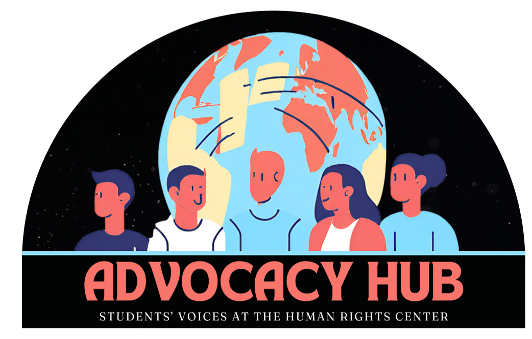 Logo of Advocacy Hub, 5 people in front of planet earth with the caption Advocacy Hub - Students' Voices at the Human Rights Centre