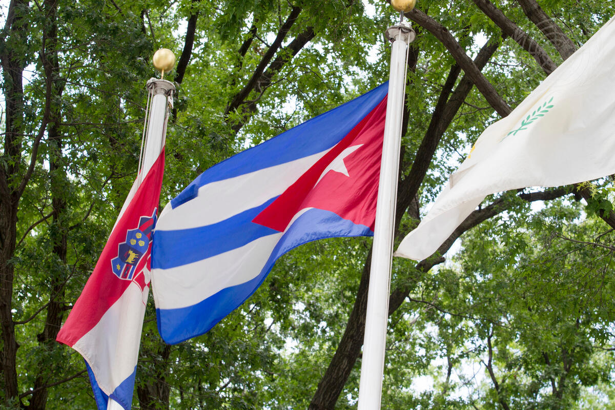 The flag of Cuba (centre) flying at United Nations headquarters in New York.