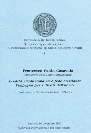 Locandina di un convegno in occasione della Giornata internazionale dei diritti umani 1992, Università di Padova, Sala dei Giganti, 10 dicembre 1992.