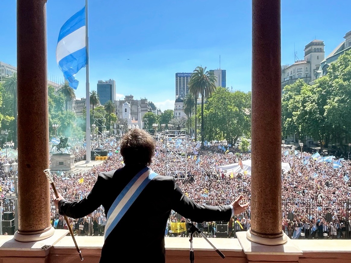 The President of the Republic of Argentina Javier Milei speaks for the first time to all Argentines from the balcony of the Casa Rosada