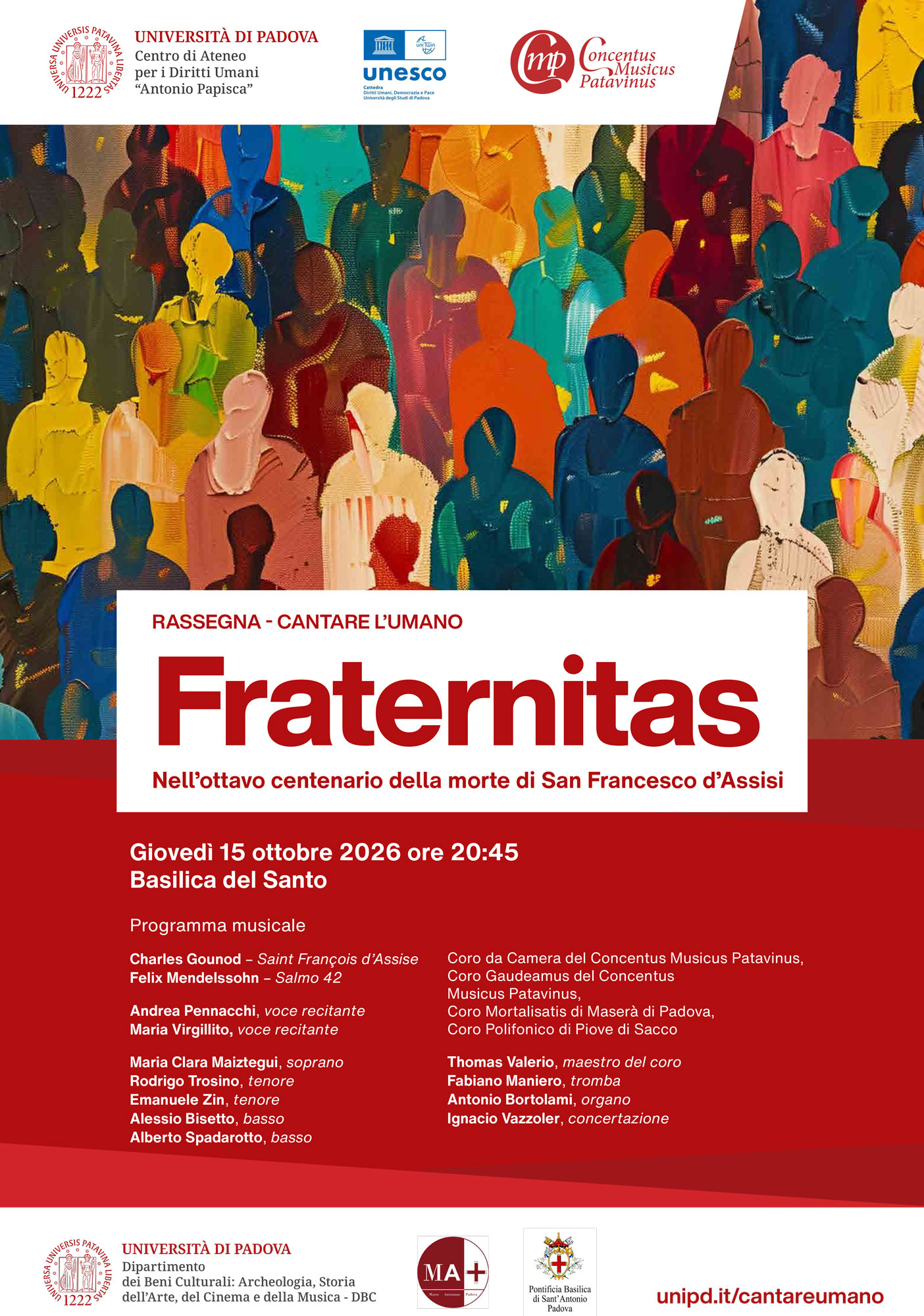 Rassegna Cantare l’Umano: primo concerto “Fraternitas”, 15 ottobre 2026, Basilica di Sant’Antonio, Padova, poster