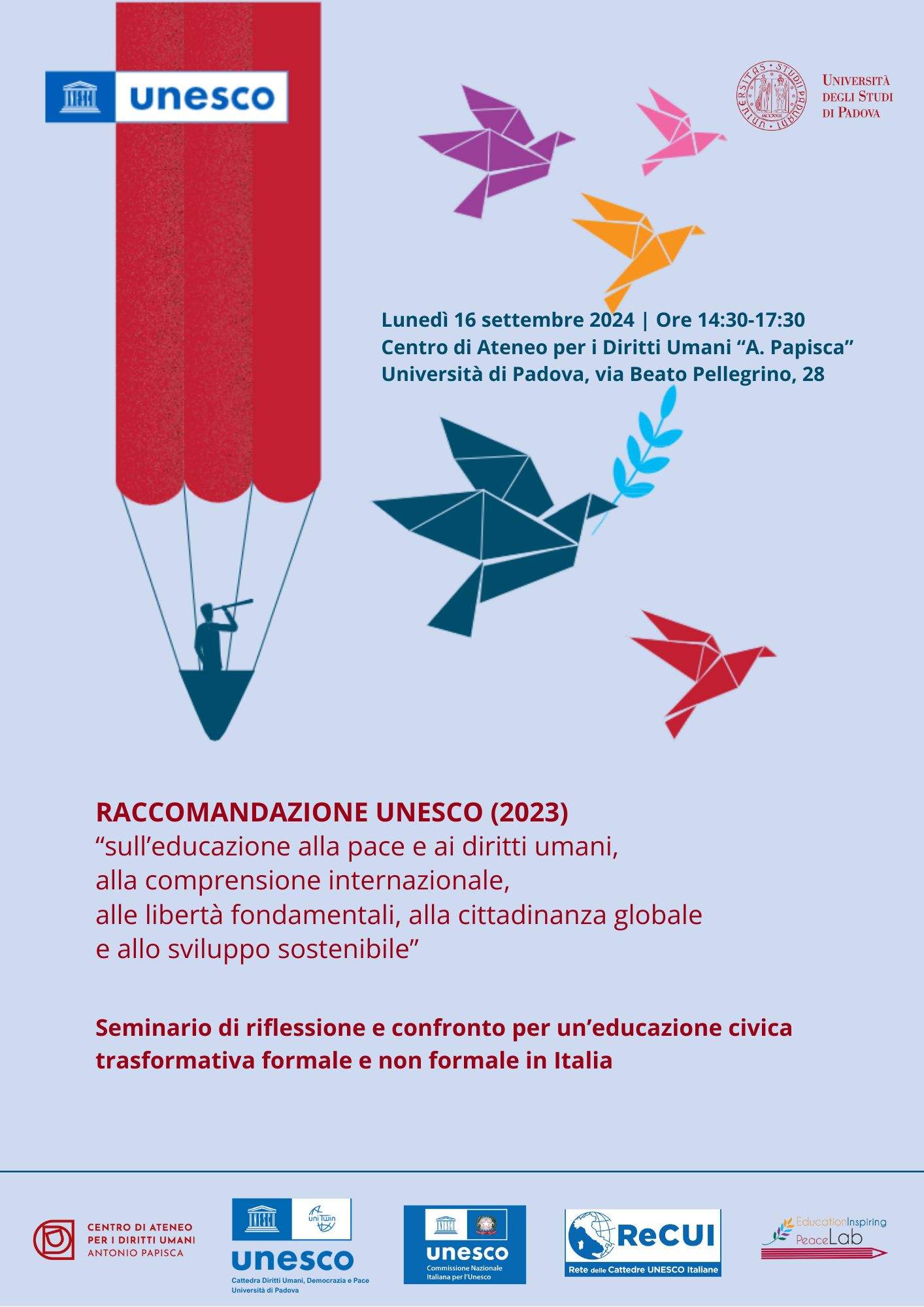 Locandina Seminario Raccomandazione Unesco (2023) “sull’educazione alla pace e ai diritti umani, alla comprensione internazionale, alle libertà fondamentali, alla cittadinanza globale e allo sviluppo sostenibile”, 16 settembre 2024