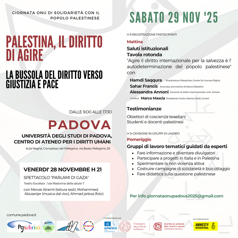 Palestina, il Diritto di agire: la bussola del Diritto verso giustizia e pace, 29 novembre 2025, Complesso Beato Pellegrino, Università di Padova