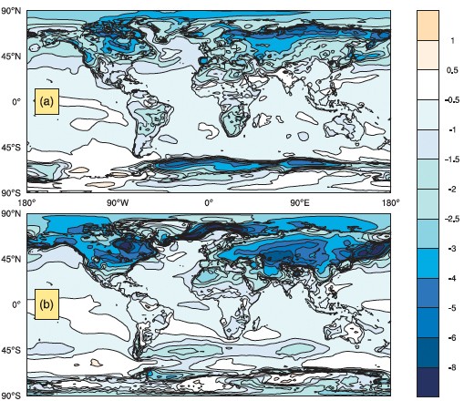 Figura 1 Variazione della temperatura superficiale in °C a seguito del CNM da giugno ad agosto (a) e da dicembre a febbraio (b) nel periodo di 2-­‐6 anni dopo il conflitto (Mills e altri)